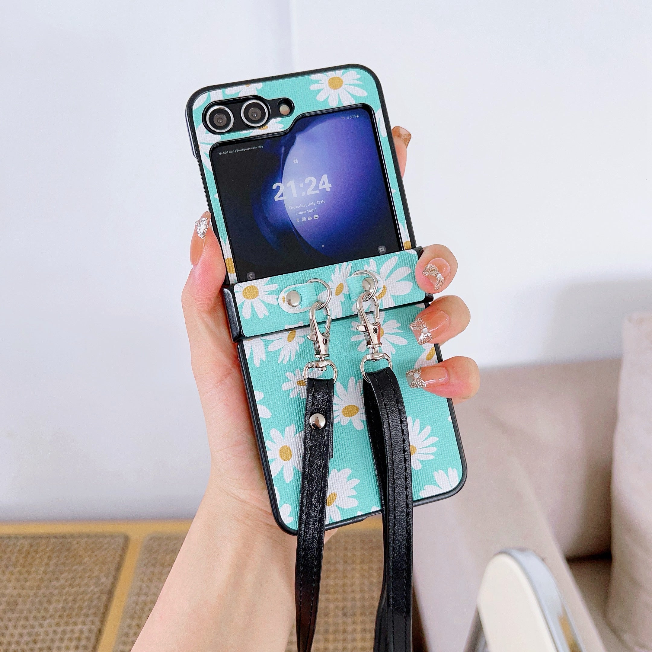 For Samsung Galaxy Z Flip6 5G Chrysanthemum Pattern PU Leather + PC Phone Cover with Crossbody Strap - Blue For Samsung Galaxy Z Flip6 5G Chrysanthemum Pattern PU Leather + PC Phone Cover with Crossbody Strap - Blue
